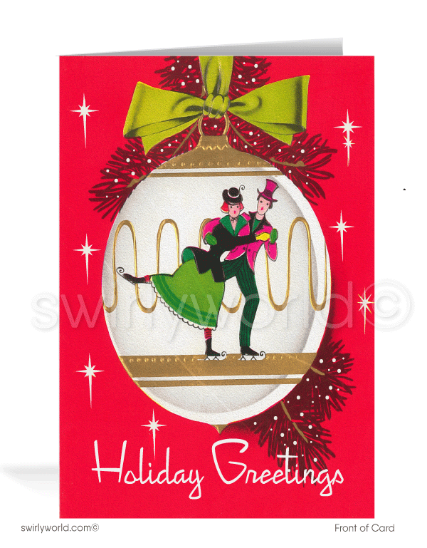 Vintage Art Deco Victorian style retro ice skaters Merry Christmas printed holiday cards.