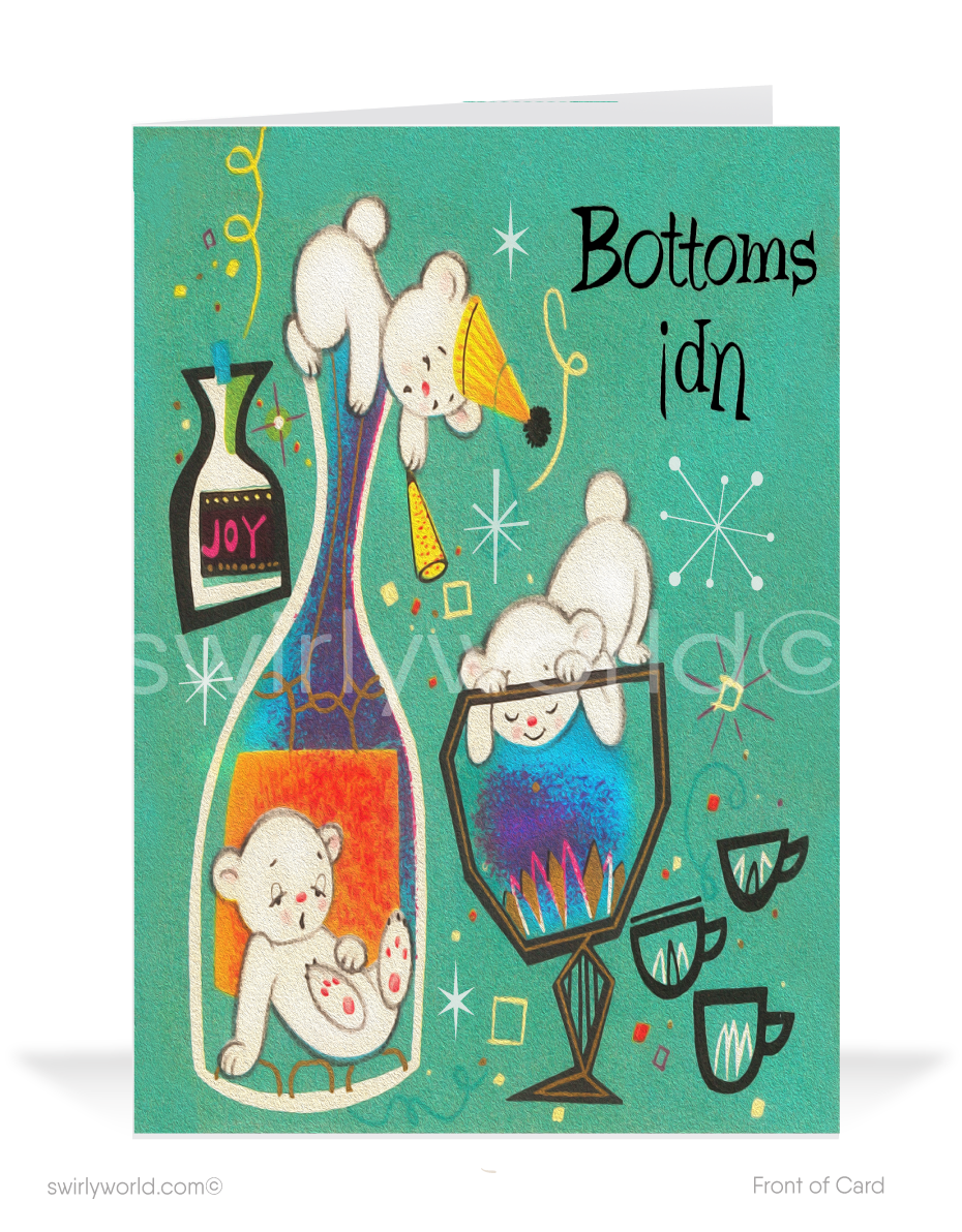 1960s retro mid-century atomic modern vintage Happy New Year holiday greeting cards.