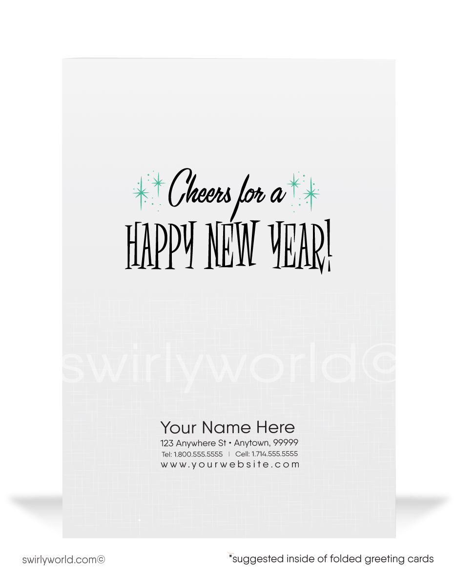 1960s retro mid-century atomic modern vintage Happy New Year holiday greeting cards.
