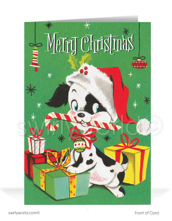 1950s Retro Mid-Century Style Vintage kitsch Puppy Dog on Christmas Holiday Cards.