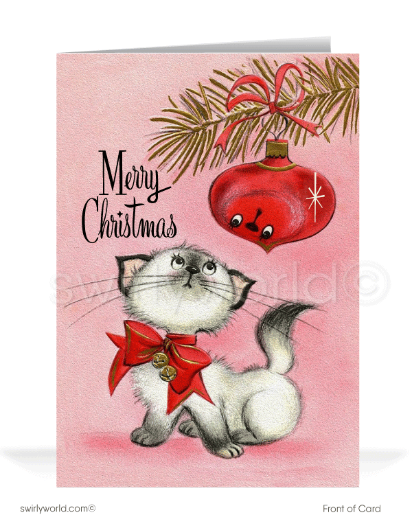 1950's style mid-century modern retro vintage Kitty Cat Merry Christmas cards.