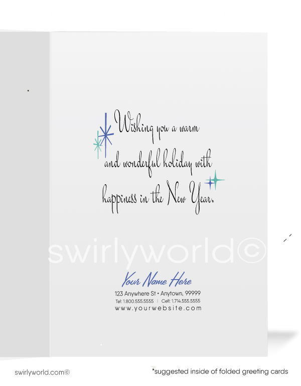 Send holiday cheer with a vintage Art Deco Christmas card featuring a cozy cabin, snowcapped trees, and an elegant aqua watercolor backdrop.