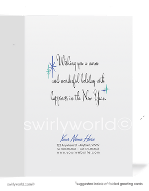 Vintage Art Deco Christmas Card – Quaint Cabin in Snowy Woods with Aqua Watercolor Background