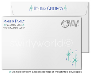 Vintage Art Deco Christmas Card – Quaint Cabin in Snowy Woods with Aqua Watercolor Background