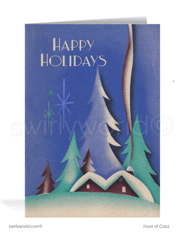 Send holiday cheer with a vintage Art Deco Christmas card featuring a cozy cabin, snowcapped trees, and an elegant aqua watercolor backdrop.
