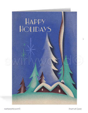 Send holiday cheer with a vintage Art Deco Christmas card featuring a cozy cabin, snowcapped trees, and an elegant aqua watercolor backdrop.