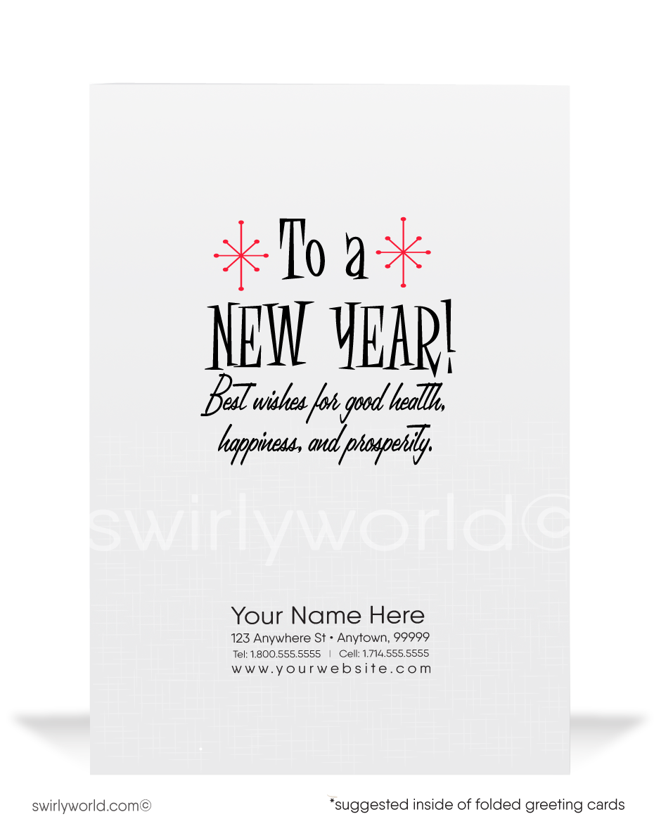 Celebrate the New Year with Retro Santa Cards! Featuring 1950s-inspired Santa in a champagne glass, vintage typography, and customizable messages on premium matte stock.