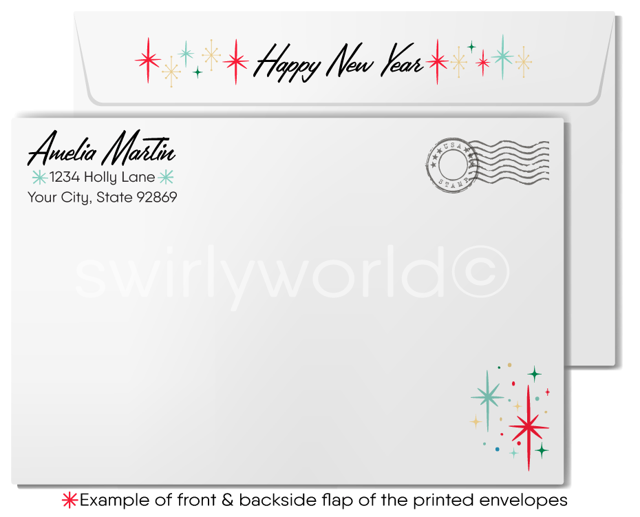 Retro Santa Cheers New Year Card with 1950s Vintage Illustration, Mid-Century Typography