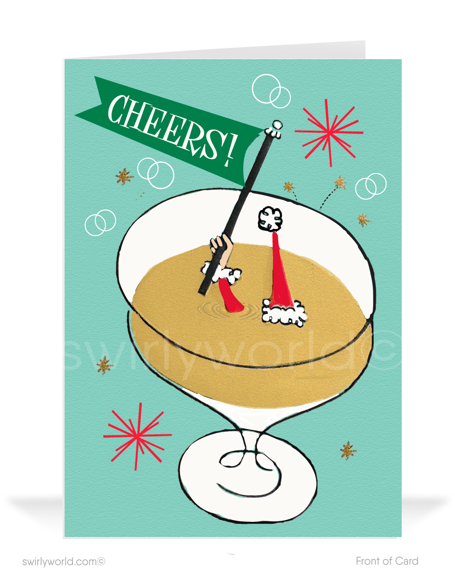 Celebrate the New Year with Retro Santa Cards! Featuring 1950s-inspired Santa in a champagne glass, vintage typography, and customizable messages on premium matte stock.