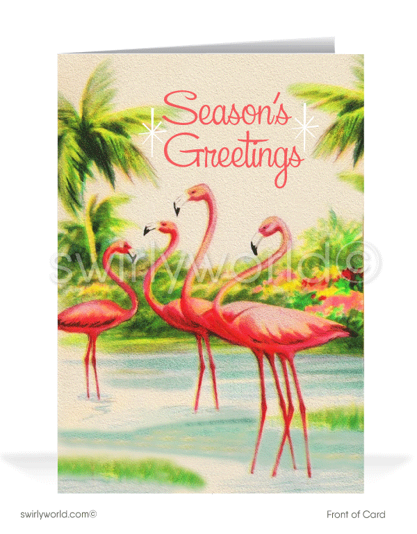 1940s vintage pink flamingos retro Florida palm trees tropical beach Merry Christmas holiday cards.