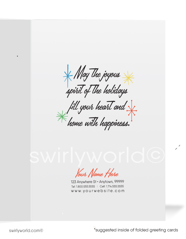 Nostalgic C9 old fashioned mid-century vintage Christmas tree lights with starbursts printed holiday cards.