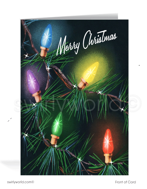 Nostalgic C9 old fashioned mid-century vintage Christmas tree lights with starbursts printed holiday cards.