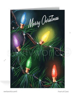 Nostalgic C9 old fashioned mid-century vintage Christmas tree lights with starbursts printed holiday cards.