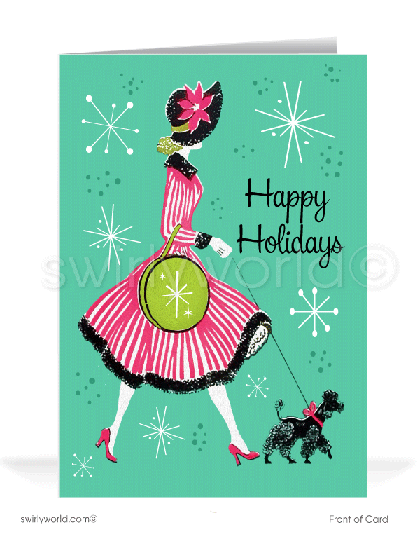 1960s retro atomic modern vintage mid-century Christmas MCM holiday greeting cards for women.