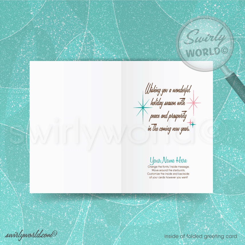 Vintage Christmas Card with White Buck, Teal Backdrop, Pink Starbursts, Retro Trees - Mid-Century Modern Holiday Design