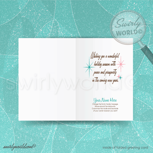 Vintage Christmas Card with White Buck, Teal Backdrop, Pink Starbursts, Retro Trees - Mid-Century Modern Holiday Design