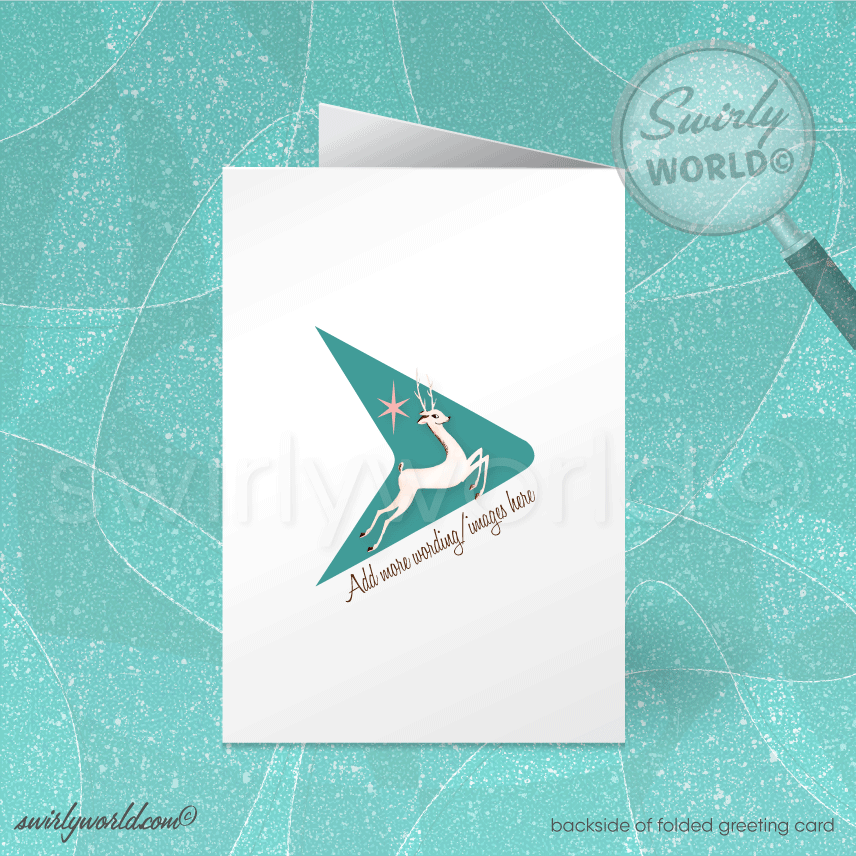 Vintage Christmas Card with White Buck, Teal Backdrop, Pink Starbursts, Retro Trees - Mid-Century Modern Holiday Design