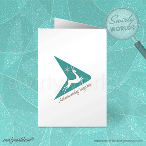 Vintage Christmas Card with White Buck, Teal Backdrop, Pink Starbursts, Retro Trees - Mid-Century Modern Holiday Design