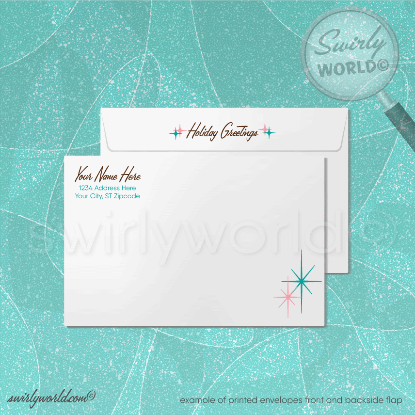 Vintage Christmas Card with White Buck, Teal Backdrop, Pink Starbursts, Retro Trees - Mid-Century Modern Holiday Design