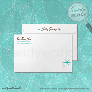 Vintage Christmas Card with White Buck, Teal Backdrop, Pink Starbursts, Retro Trees - Mid-Century Modern Holiday Design