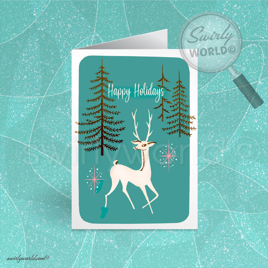 Vintage Christmas Card with White Buck, Teal Backdrop, Pink Starbursts, Retro Trees - Mid-Century Modern Holiday Design
