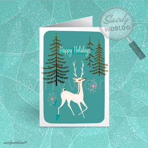 Vintage Christmas Card with White Buck, Teal Backdrop, Pink Starbursts, Retro Trees - Mid-Century Modern Holiday Design