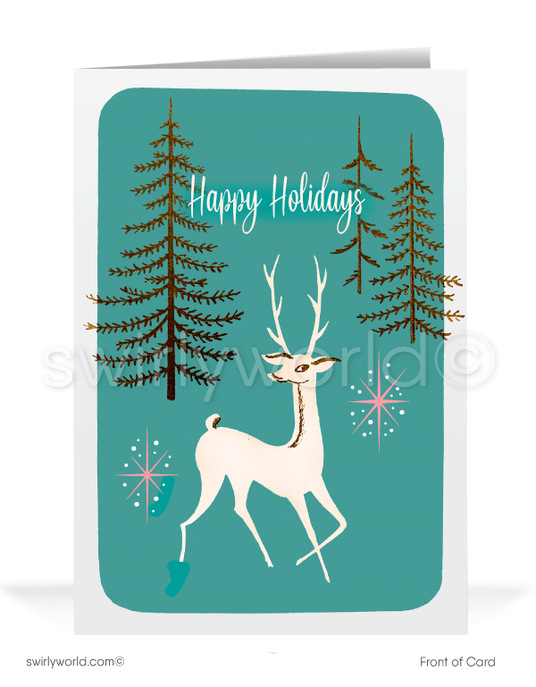 1960s atomic retro mod mid-century modern aqua blue and pink deer holiday Christmas cards