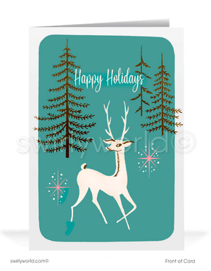 1960s atomic retro mod mid-century modern aqua blue and pink deer holiday Christmas cards