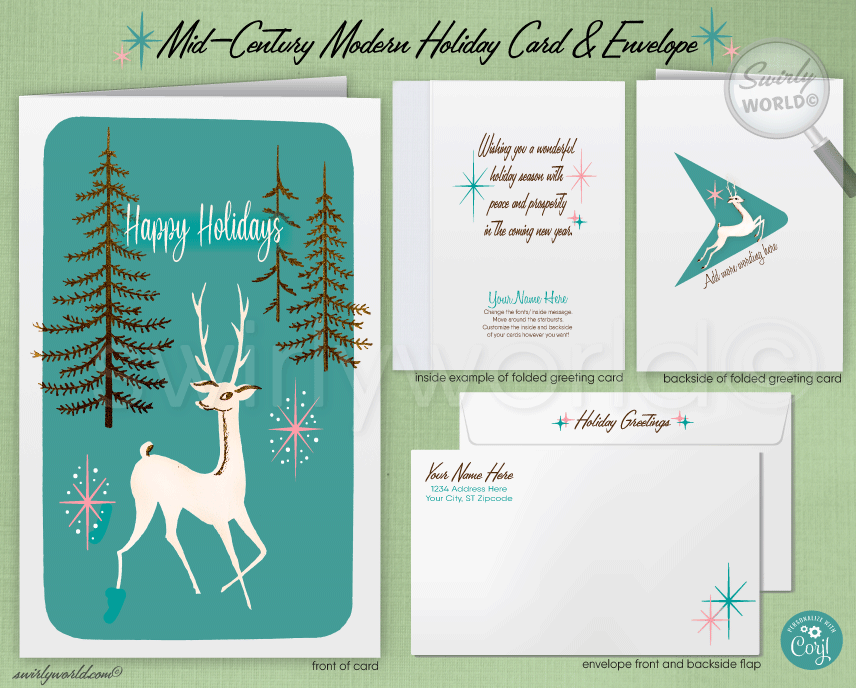 1950s 1960s Retro Kitsch Atomic Mid-Century Modern Vintage Deer Holiday Cards