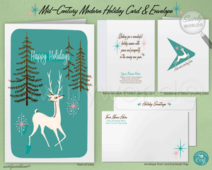 Vintage Christmas Card with White Buck, Teal Backdrop, Pink Starbursts, Retro Trees - Mid-Century Modern Holiday Design
