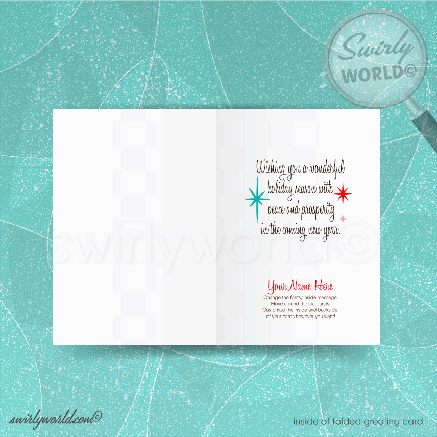 Vintage Atomic-Era Christmas Card – White Tree with Retro Ornaments & Starbursts on Red Backdrop