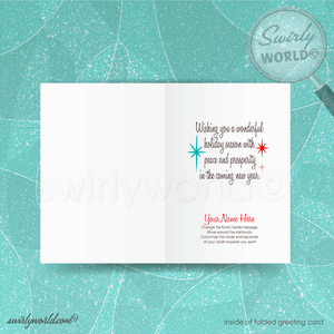 Vintage Atomic-Era Christmas Card – White Tree with Retro Ornaments & Starbursts on Red Backdrop