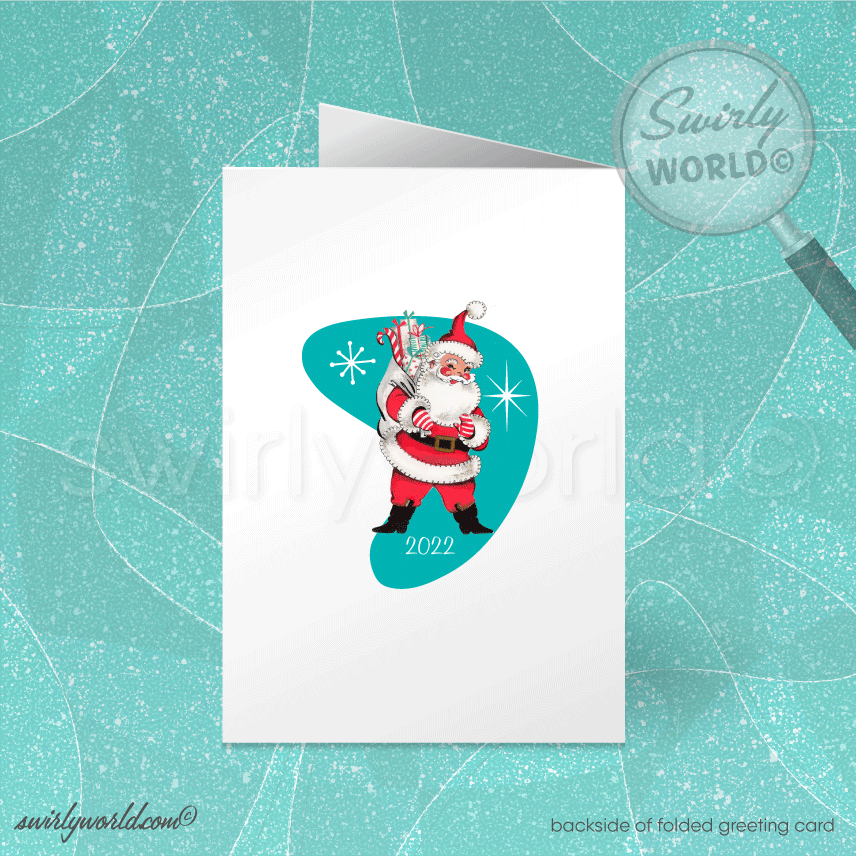 Vintage Atomic-Era Christmas Card – White Tree with Retro Ornaments & Starbursts on Red Backdrop