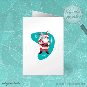 Vintage Atomic-Era Christmas Card – White Tree with Retro Ornaments & Starbursts on Red Backdrop