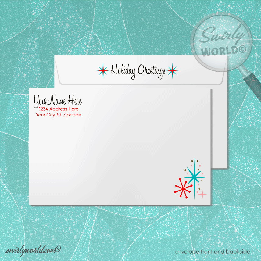 Vintage Atomic-Era Christmas Card – White Tree with Retro Ornaments & Starbursts on Red Backdrop