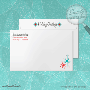 Vintage Atomic-Era Christmas Card – White Tree with Retro Ornaments & Starbursts on Red Backdrop