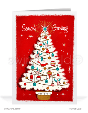 Vintage Style Red and Aqua Blue 1950s 1960's Atomic Mid-Century Modern Kitsch Christmas Holiday Retro Tree Greeting Cards with Envelopes. Atomic pink white retro Christmas tree. 
