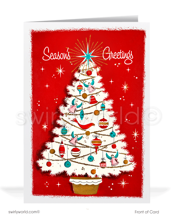 Vintage Style Red and Aqua Blue 1950s 1960's Atomic Mid-Century Modern Kitsch Christmas Holiday Retro Tree Greeting Cards with Envelopes. Atomic pink white retro Christmas tree. 