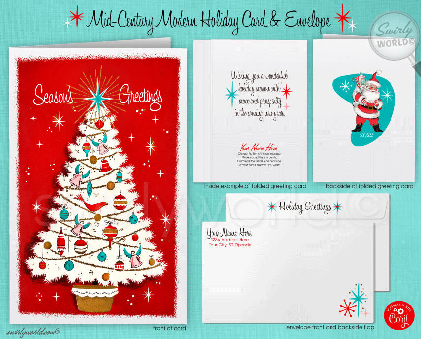 Vintage Style Red and Aqua Blue 1950s 1960's Atomic Mid-Century Modern Kitsch Christmas Holiday Retro Tree Greeting Cards with Envelopes. Atomic pink white retro Christmas tree. 