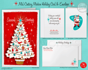 Vintage Atomic-Era Christmas Card – White Tree with Retro Ornaments & Starbursts on Red Backdrop
