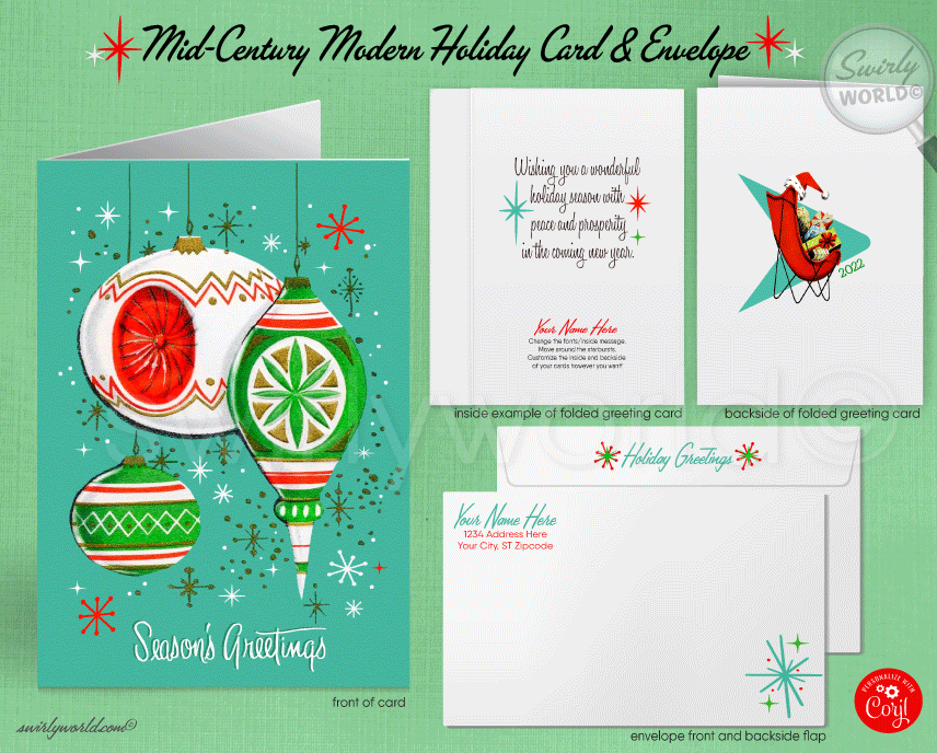 Vintage Style Red and Aqua Blue 1950s 1960's Atomic Mid-Century Modern Kitsch Christmas Holiday Retro Tree Greeting Cards with Envelopes
