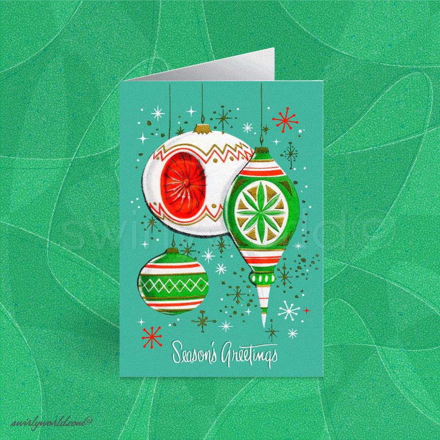 Vintage Christmas Card - Atomic Era Scandinavian Ornaments, Mid-Century Modern 1950s Retro Holiday Greeting