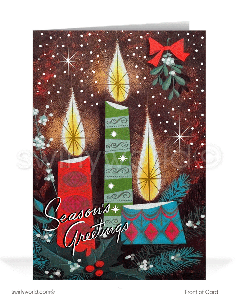 1960s Style Retro Mid-Century Mod Vintage Candles Christmas Holiday Cards