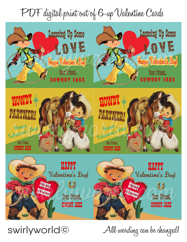 Retro Vintage 1950's Western Cowboy Valentine's Day Cards for Boys Digital Download