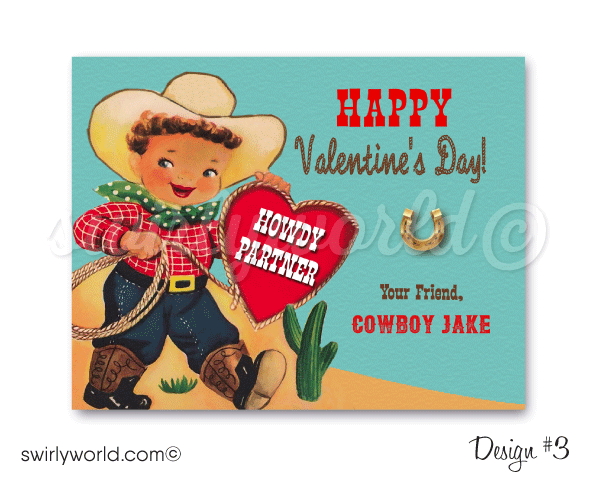 Retro Vintage 1950's Western Cowboy Valentine's Day Cards for Boys Digital Download