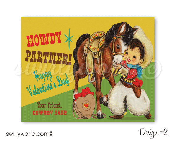 Retro Vintage 1950's Western Cowboy Valentine's Day Cards for Boys Digital Download
