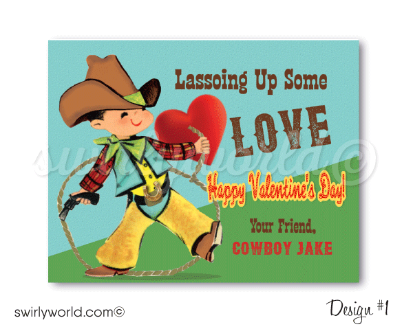 1950s vintage cowboy Valentine's Day cards for boy. Retro western cowboy happy Valentine's Day cards for boy's classroom.