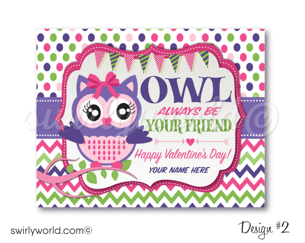 cute retro "owl be your friend" gender neutral Valentine's Day cards for kids classroom.