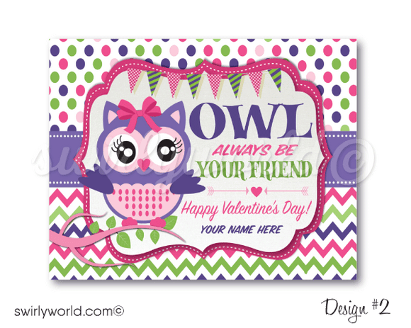 cute retro "owl be your friend" gender neutral Valentine's Day cards for kids classroom.