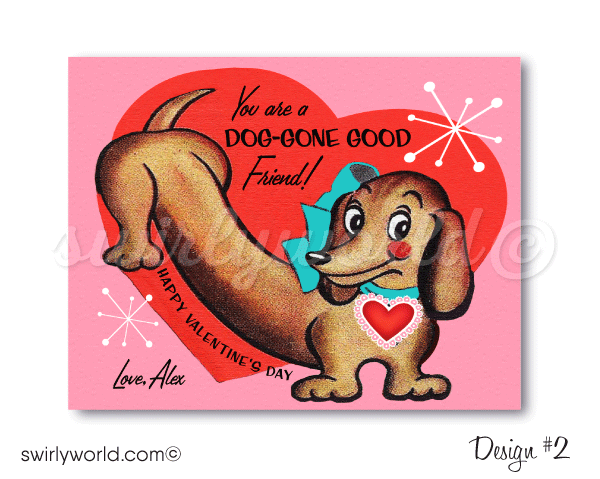 Fall in LOVE with these adorable 1950s vintage style puppy Dog Valentine's Day card digital download designs!  Weiner Dog image